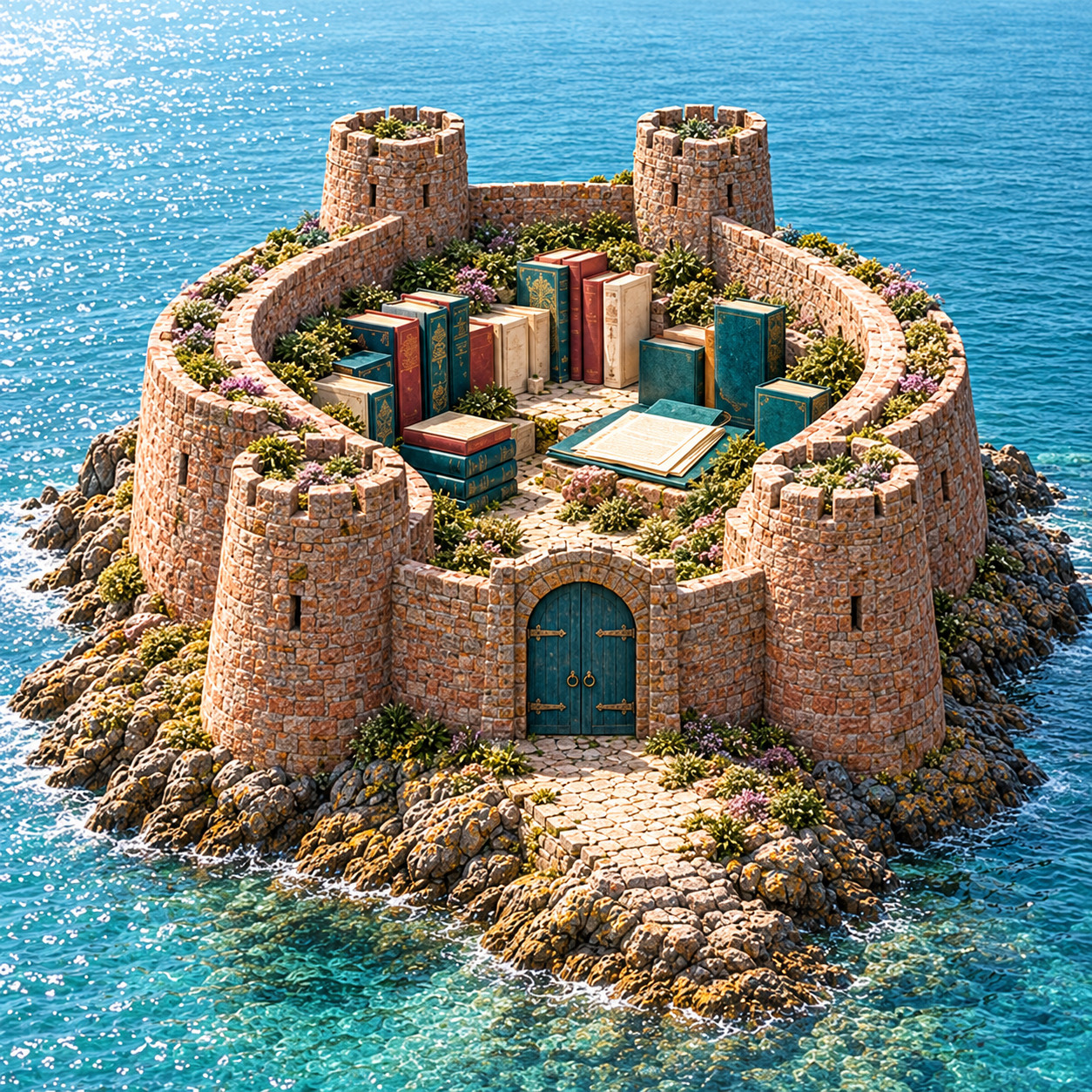 A fortress on a small island holding rows of books, safe from the sea