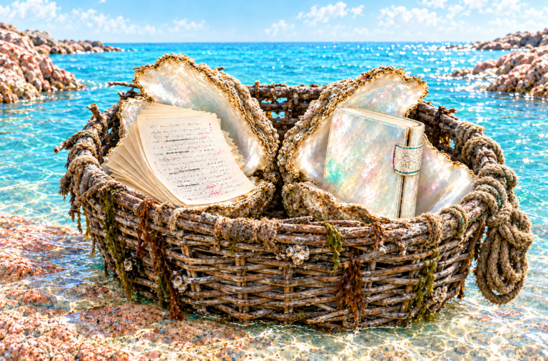 Self-Publishing Pre and Post-Launch Bundle: two open oysters in a basket, one holding manuscript pages and one a finished book