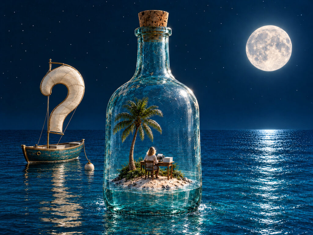 A writer at a desk on a tiny island inside a bottle under a full moon, with a boat whose sail is a question mark