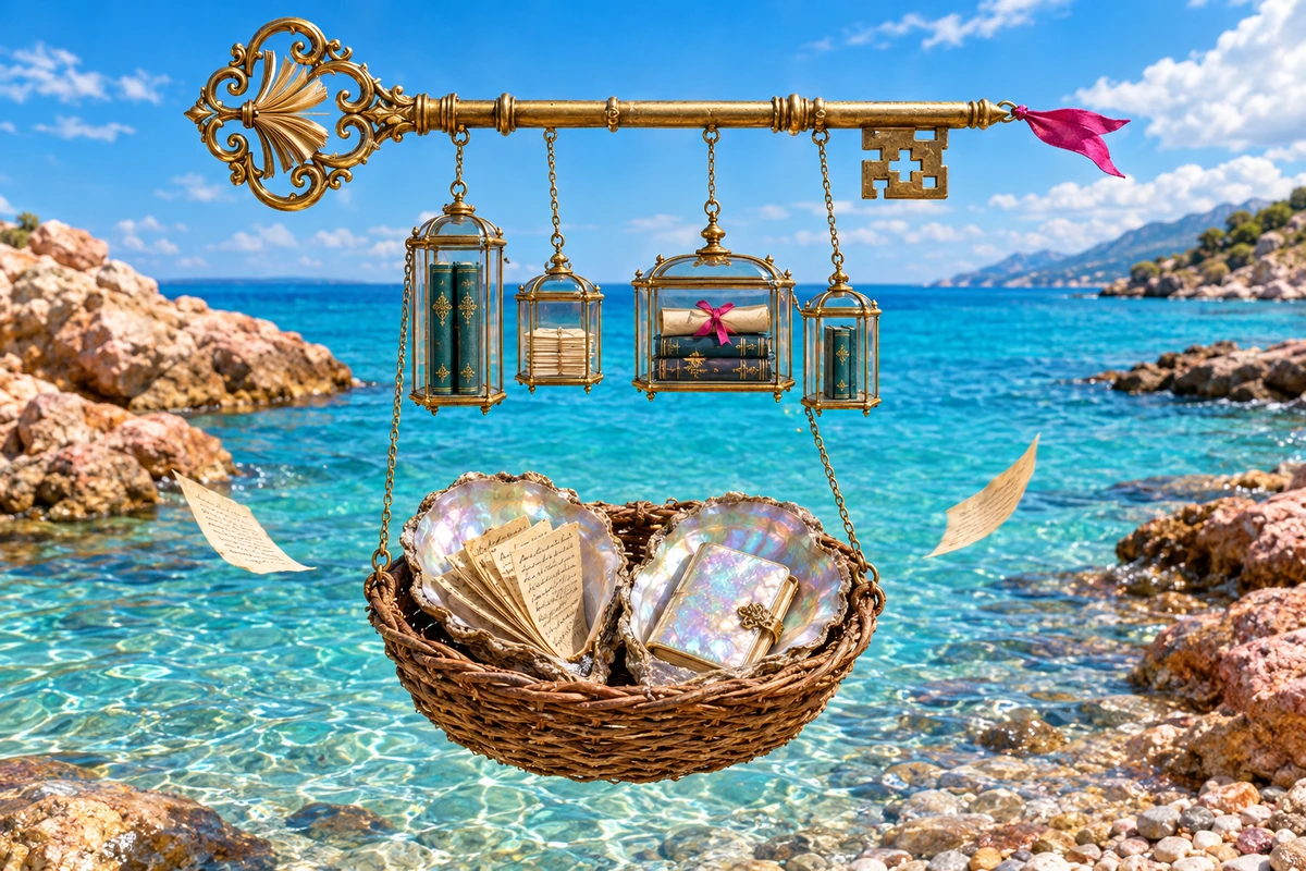 Complete Self-Publishing Fix Kits and Account Risk Assessment Bundle: a golden key holding the kits and account papers in a basket