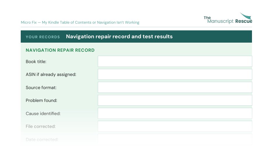 Top of the blank navigation repair record from the Micro Fix, fading out