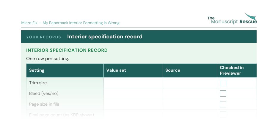 Top of the blank interior specification record from the Micro Fix, fading out