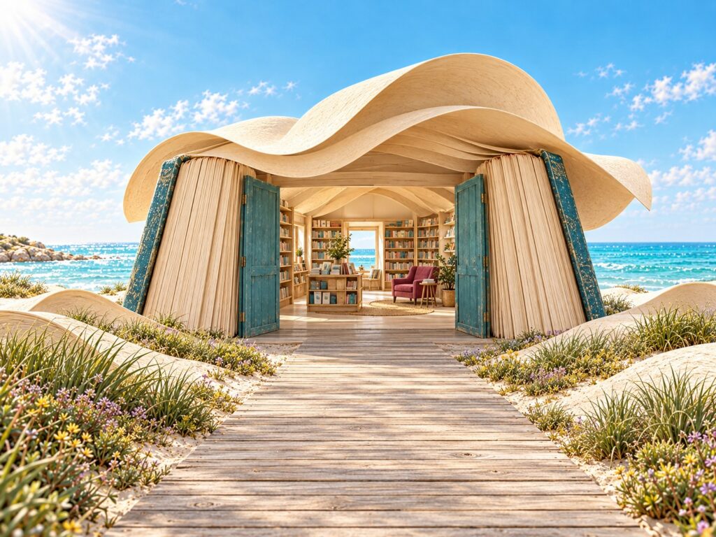 A wooden path across the dunes leading to a welcoming bookshop, its doors the covers of an open book, with the sea behind